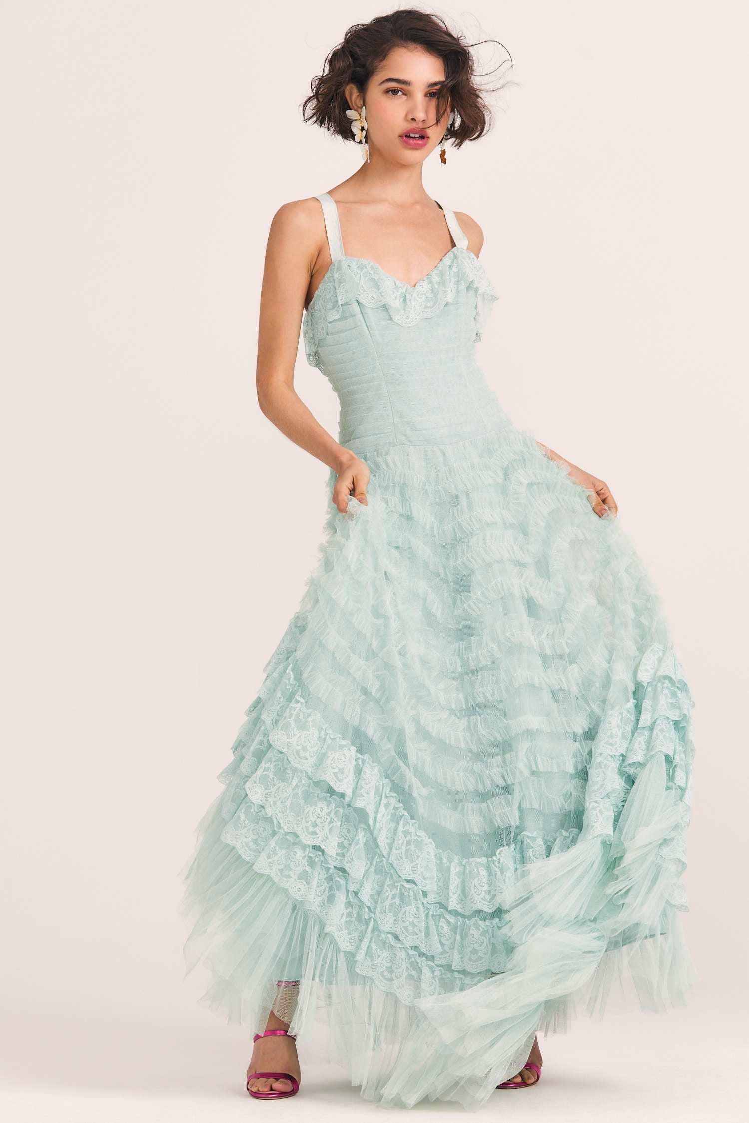 Women's blue tulle gown with pleated detailing