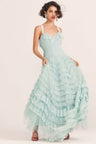 Women's blue tulle gown with pleated detailing