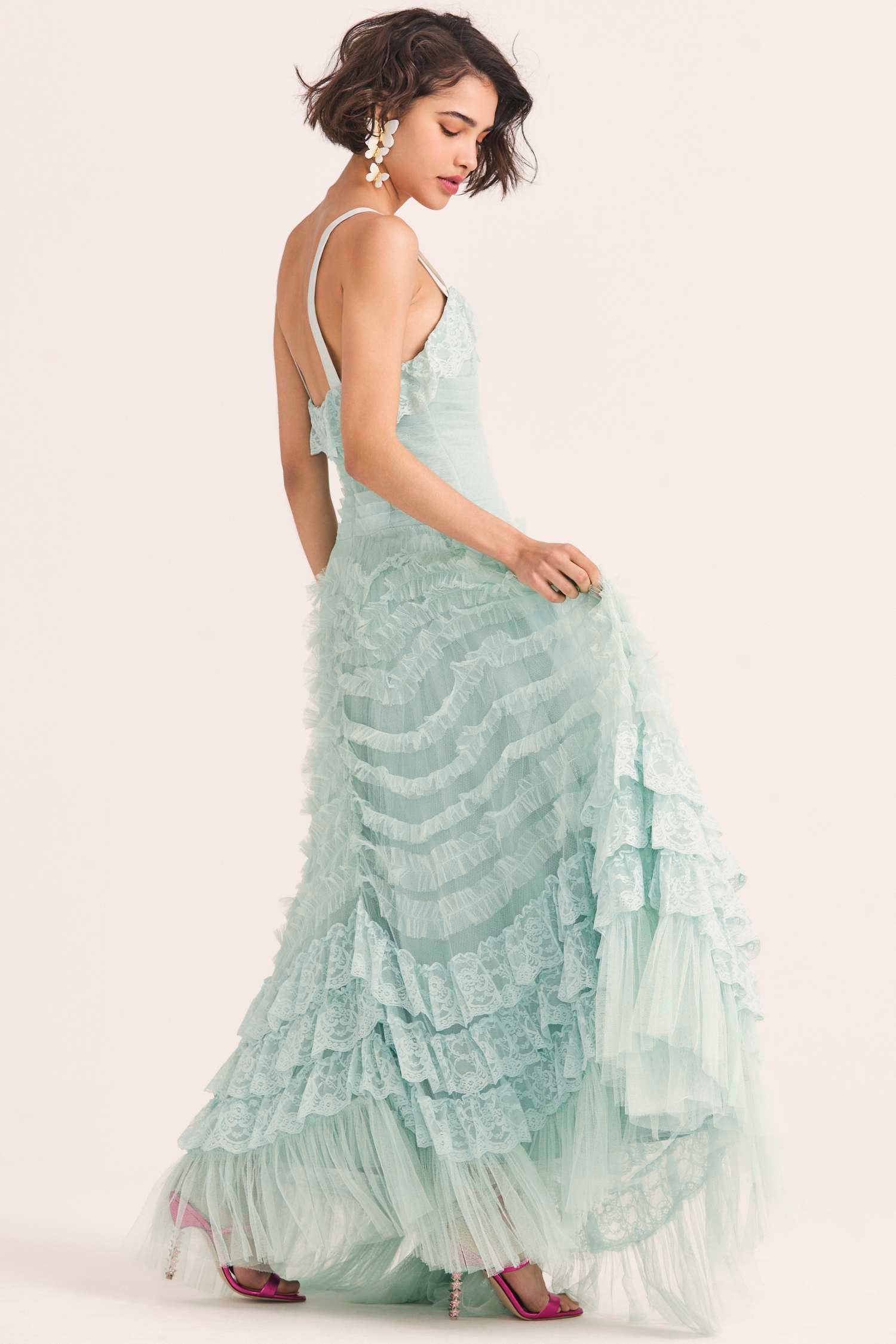 Women's blue tulle gown with pleated detailing