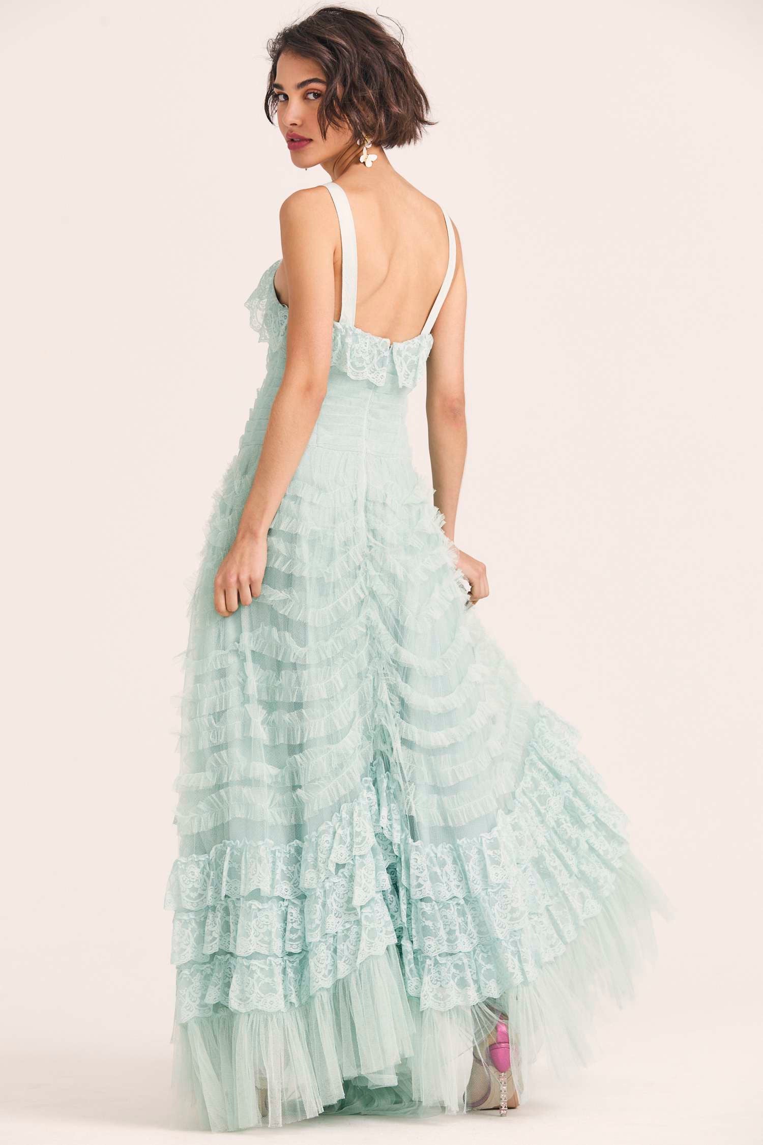 Women's blue tulle gown with pleated detailing