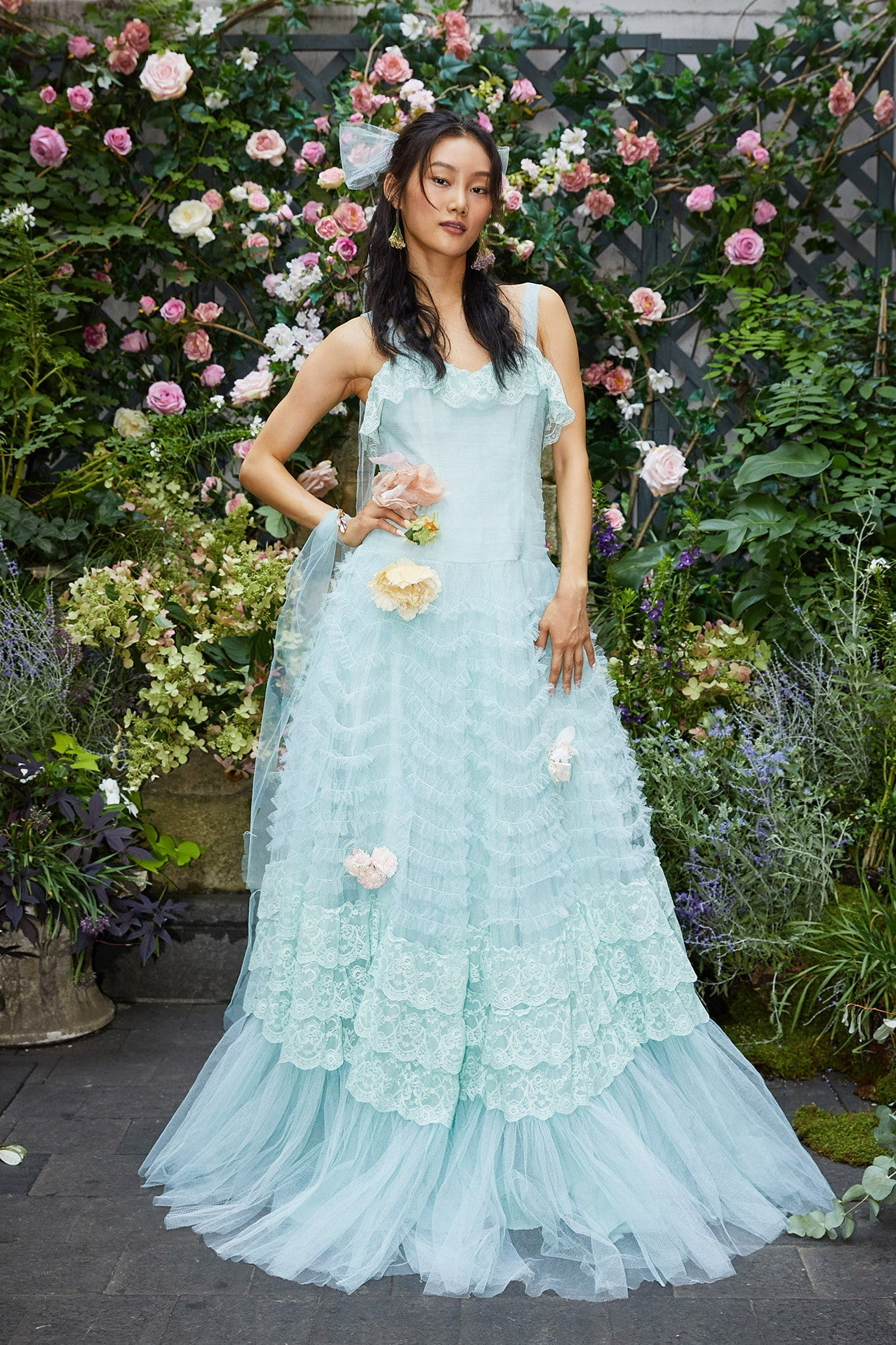 Women's blue tulle gown with pleated detailing