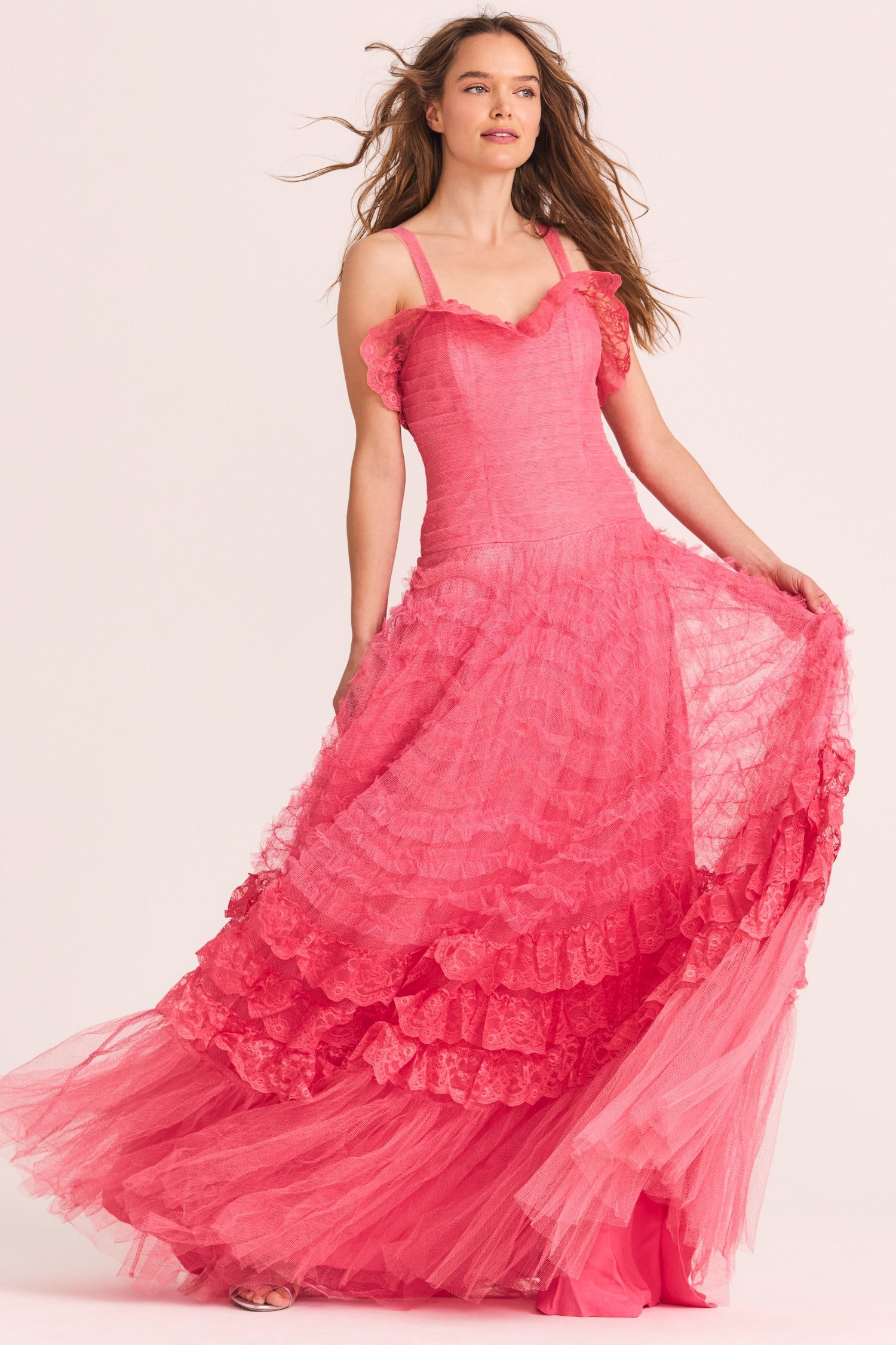 Womens pink tulle gown with ruffle and lace details