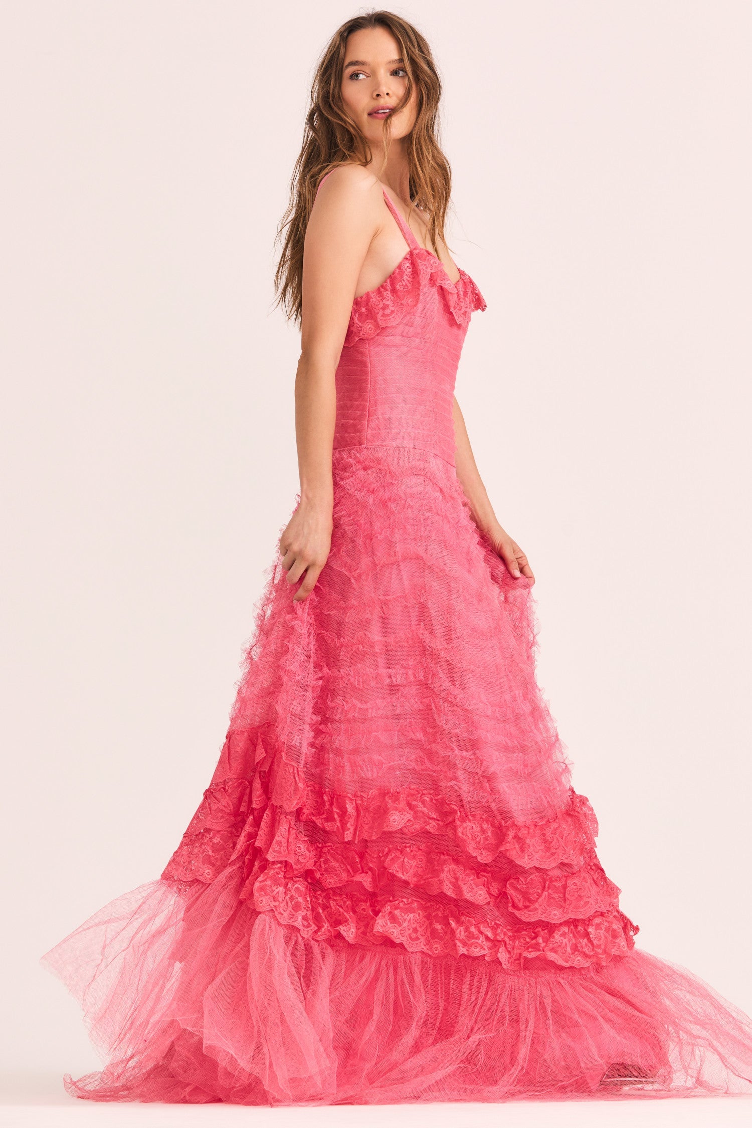 Womens pink tulle gown with ruffle and lace details