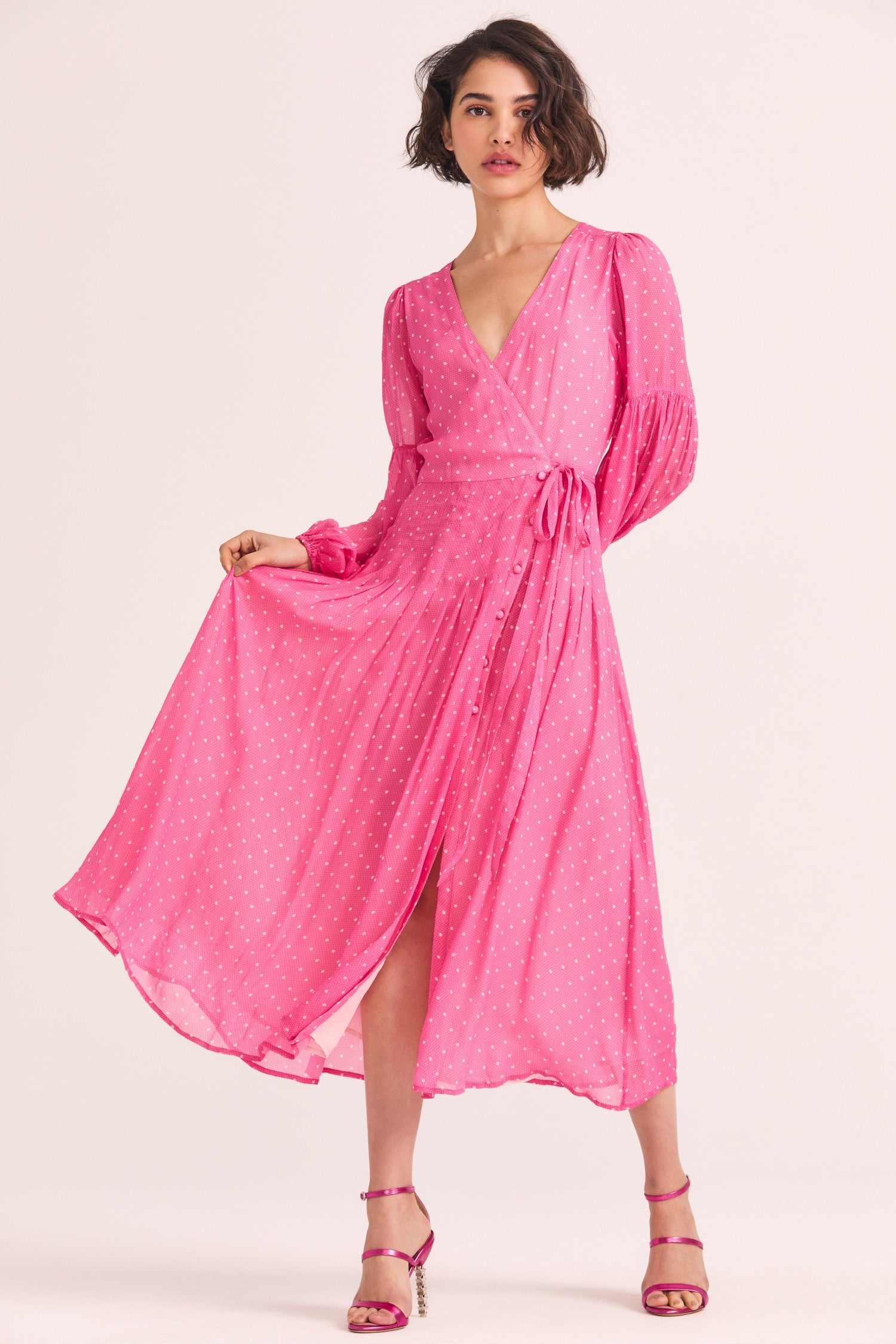 Women's pink polkdadot maxi dress with long sleeves