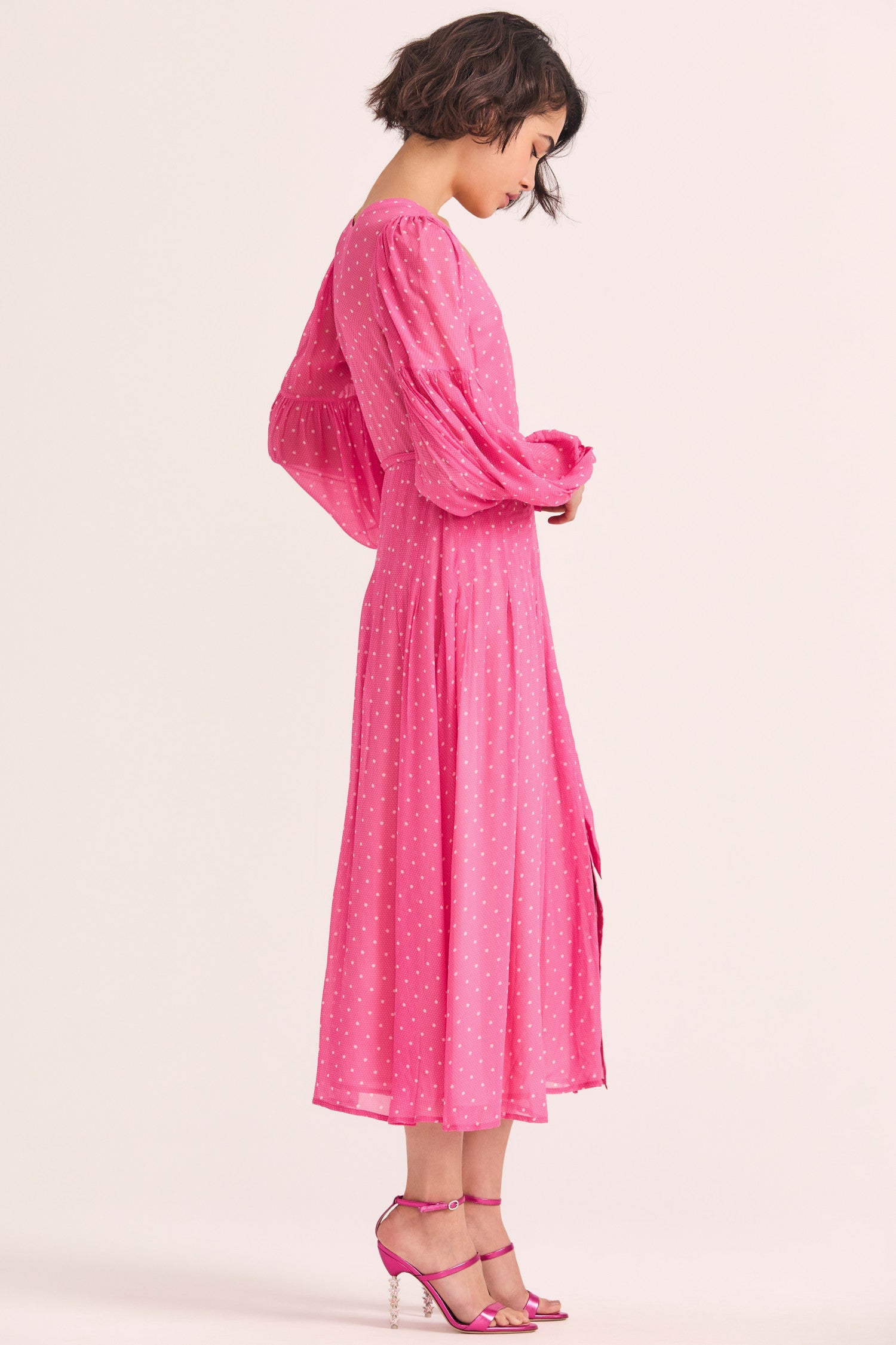 Women's pink polkdadot maxi dress with long sleeves