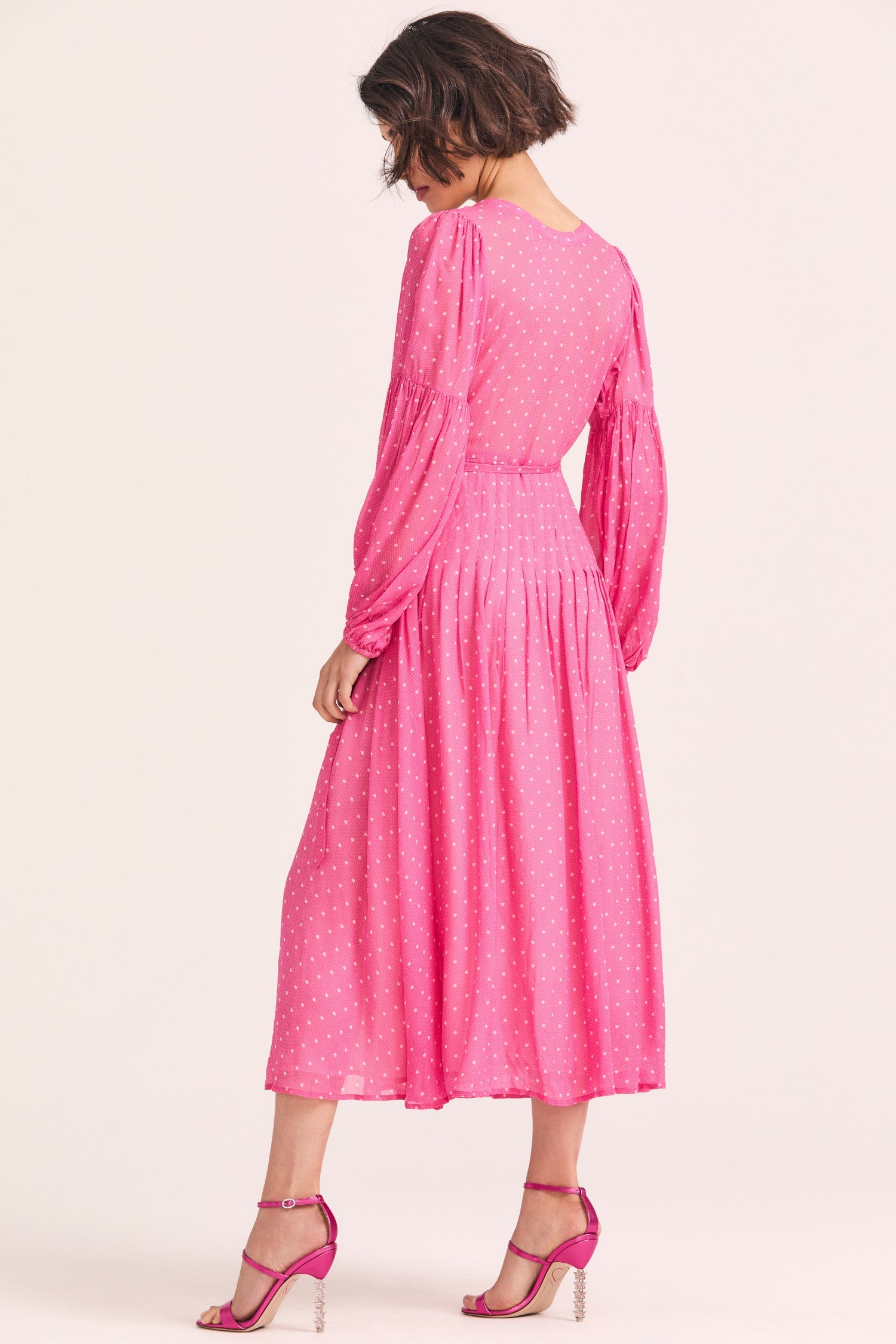 Women's pink polkdadot maxi dress with long sleeves