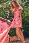 Women's daisy print v neck dress with flower appliqués