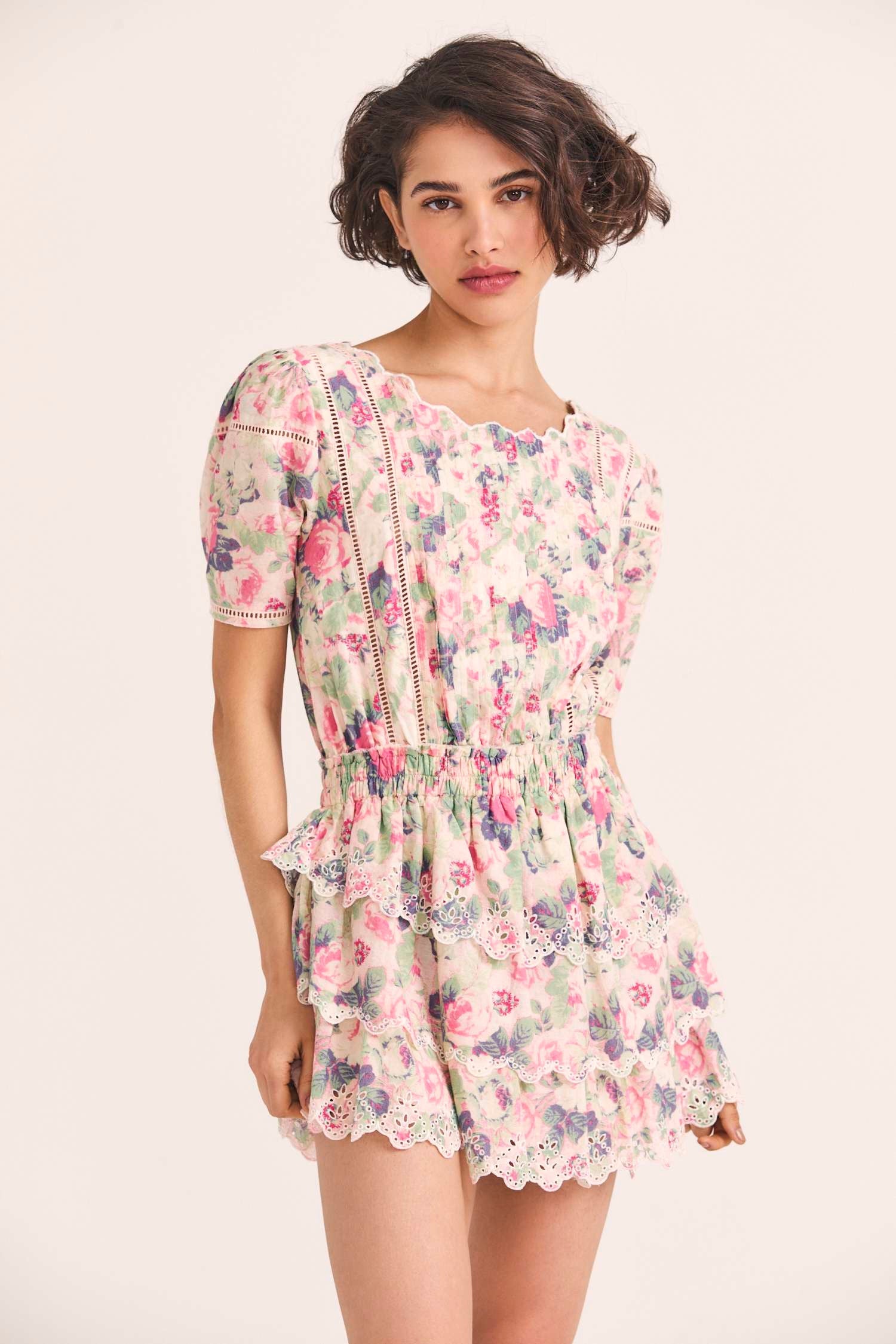 Women's embroidered floral print mini dress with a scalloped hem