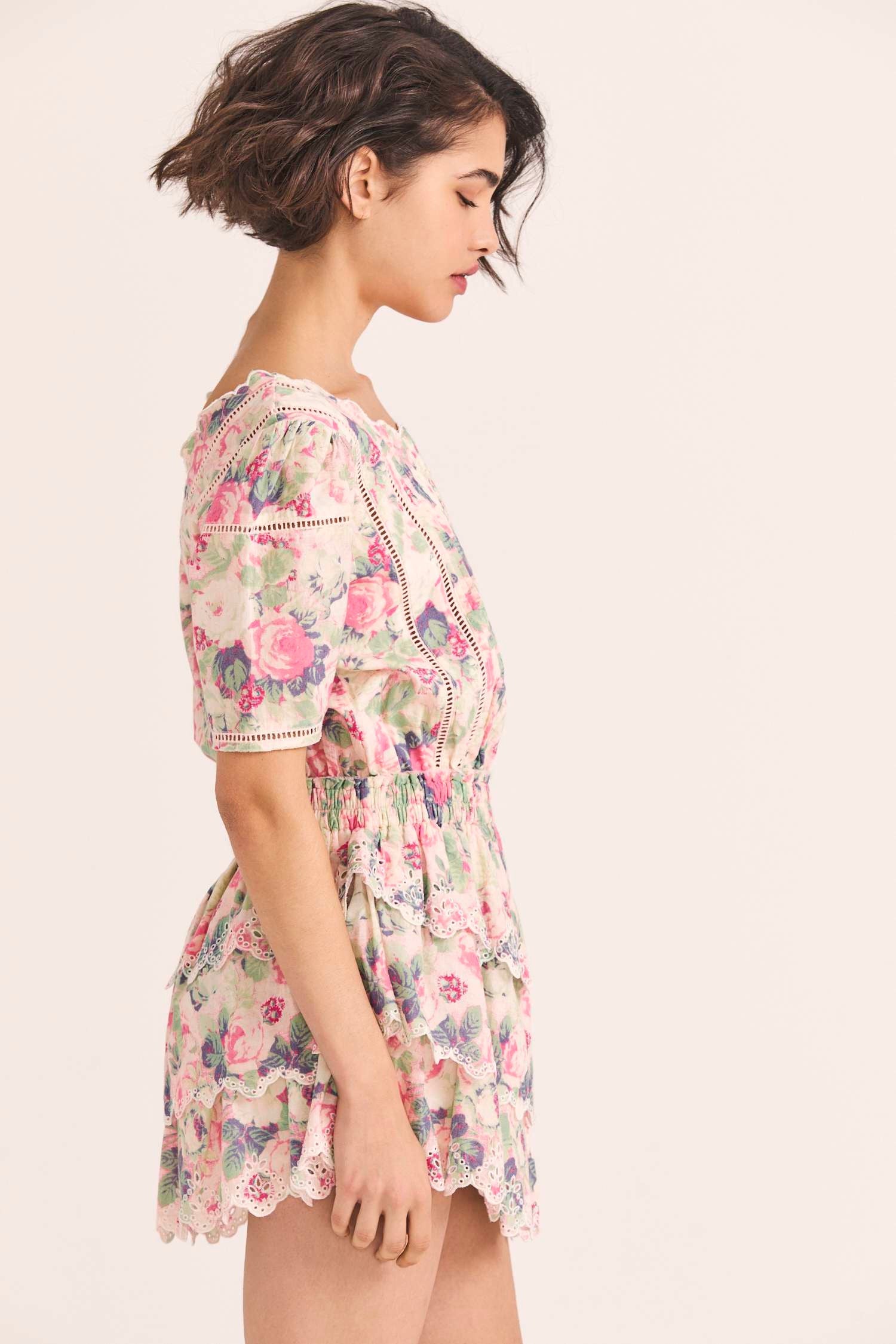 Women's embroidered floral print mini dress with a scalloped hem