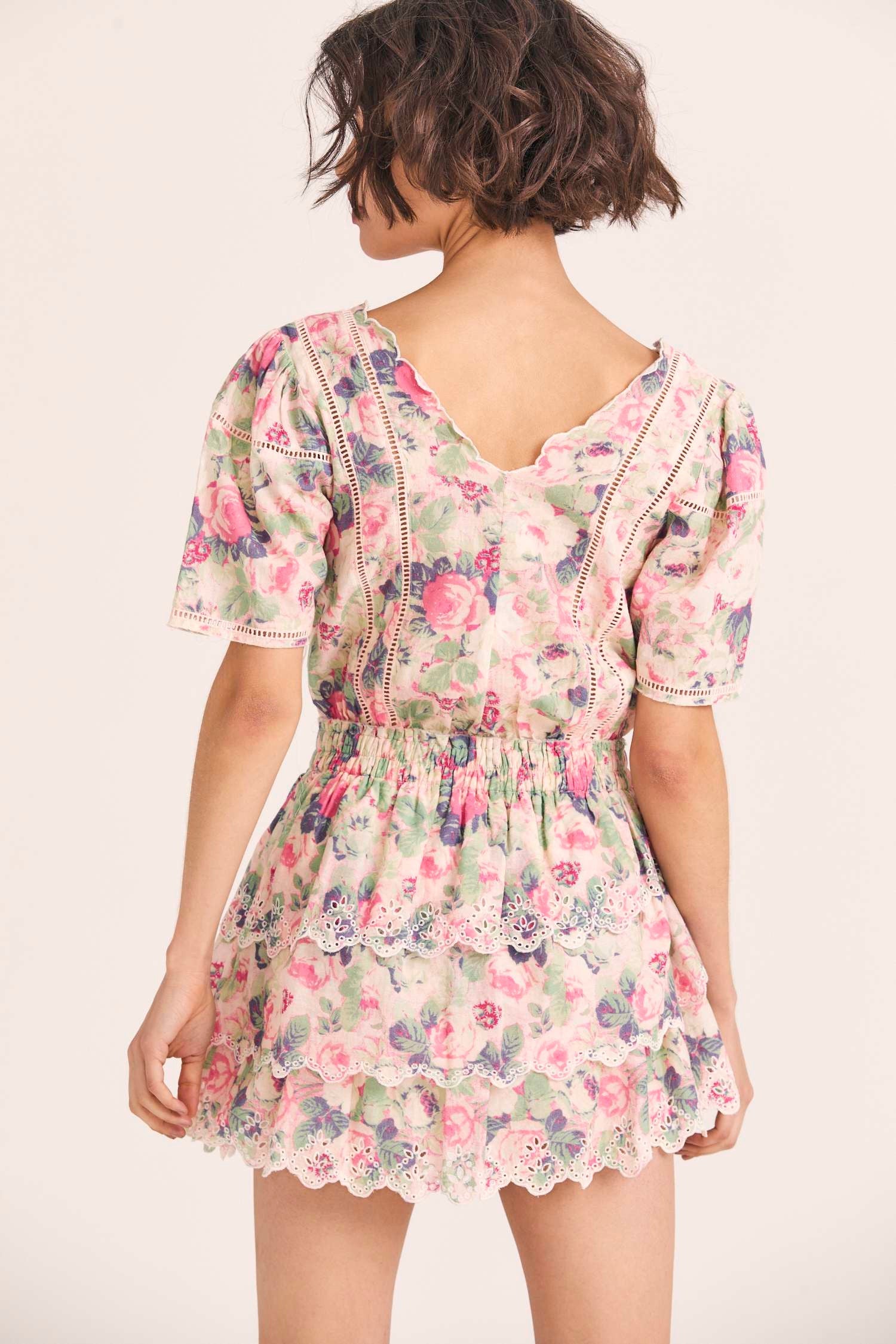 Women's embroidered floral print mini dress with a scalloped hem