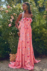 Women's pink viscose crepe dress with a tossed daisy print and handmade crushed velvet flower appliqués
