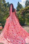 Women's pink viscose crepe dress with a tossed daisy print and handmade crushed velvet flower appliqués