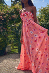 Women's pink viscose crepe dress with a tossed daisy print and handmade crushed velvet flower appliqués