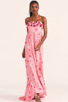Women's pink viscose crepe dress with a tossed daisy print and handmade crushed velvet flower appliqués