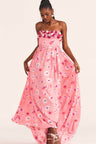 Women's pink viscose crepe dress with a tossed daisy print and handmade crushed velvet flower appliqués