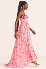 Women's pink viscose crepe dress with a tossed daisy print and handmade crushed velvet flower appliqués