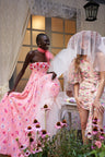 Women's pink viscose crepe dress with a tossed daisy print and handmade crushed velvet flower appliqués
