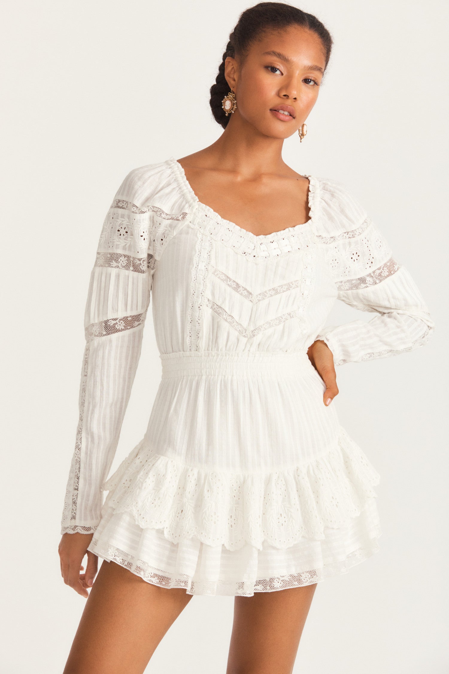 Womens long sleeve white mini dress with embroidery and lace inset