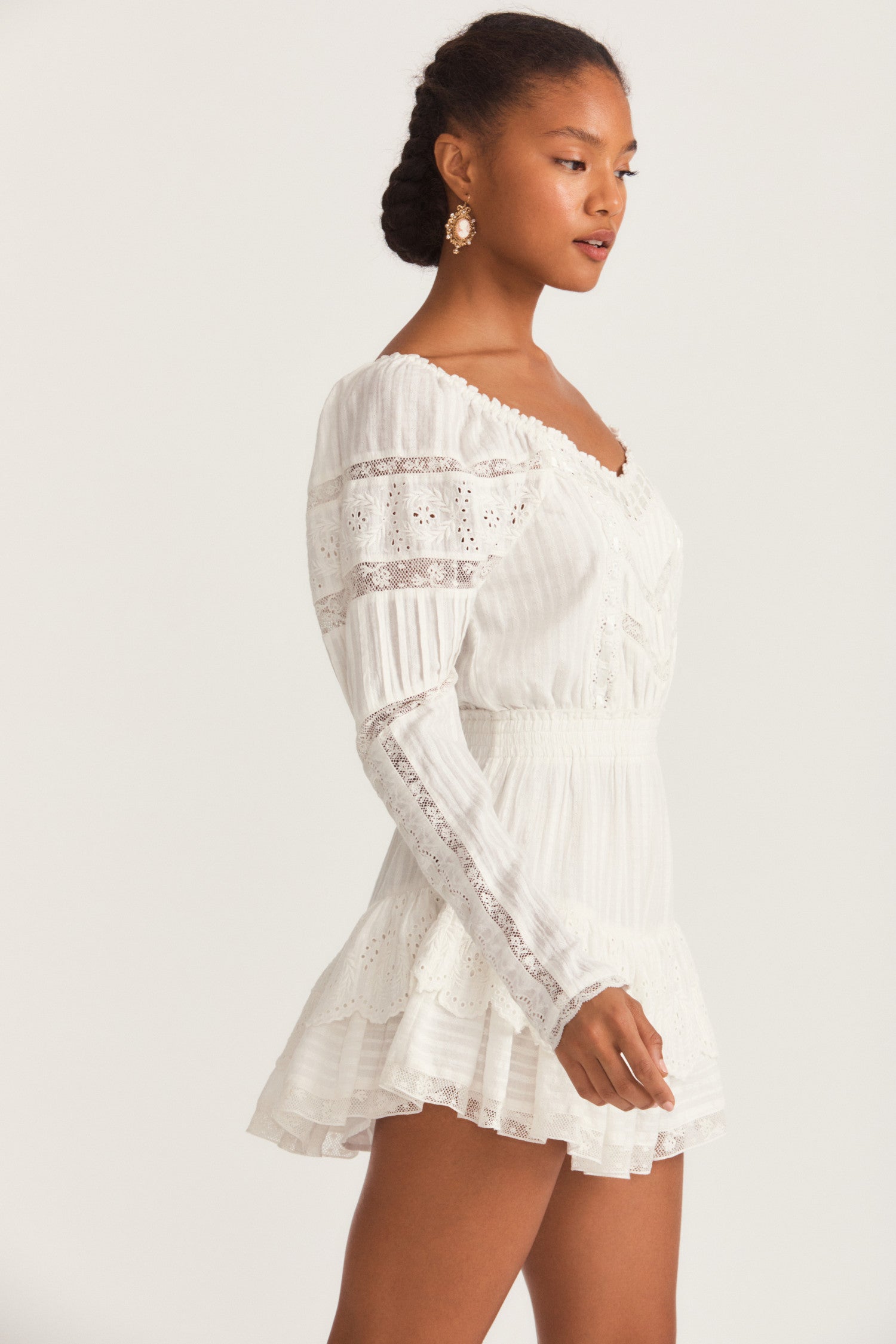 Womens long sleeve white mini dress with embroidery and lace inset