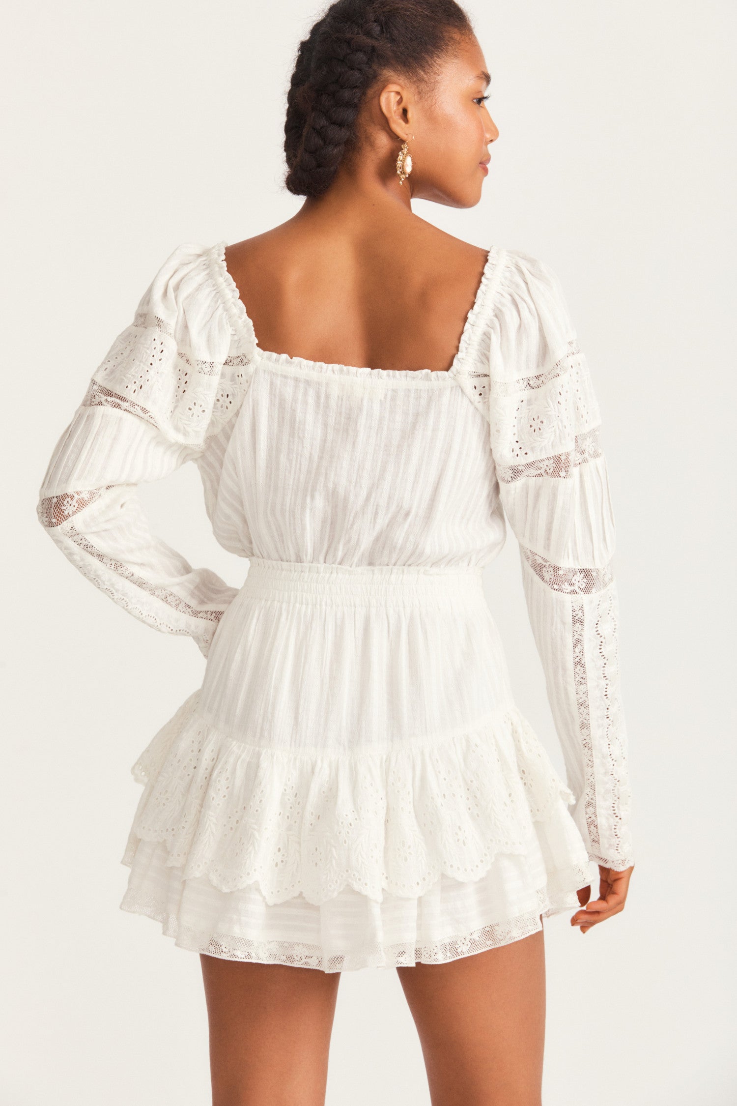 Womens long sleeve white mini dress with embroidery and lace inset