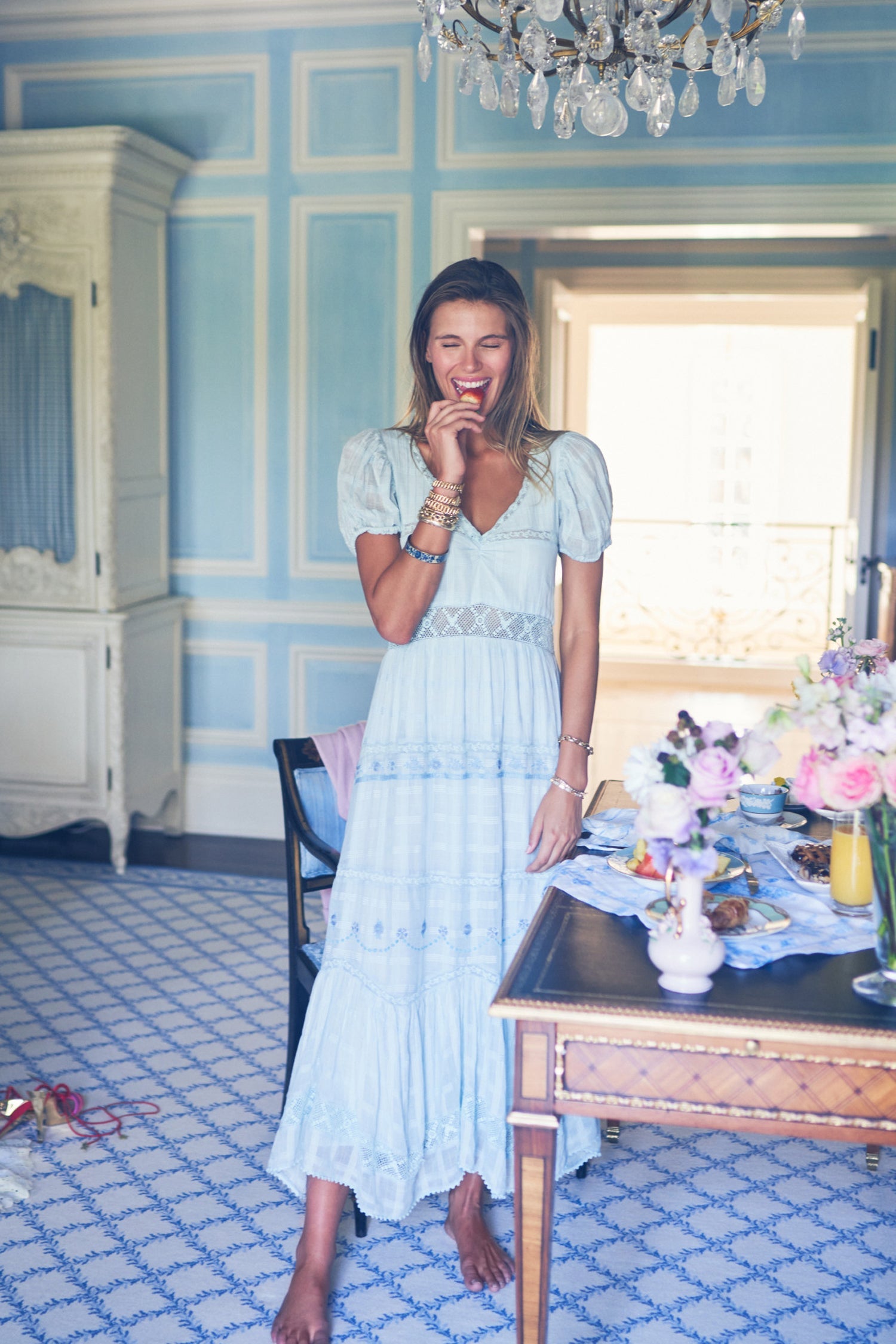 Women's blue maxi dress with lace and embroidery detail