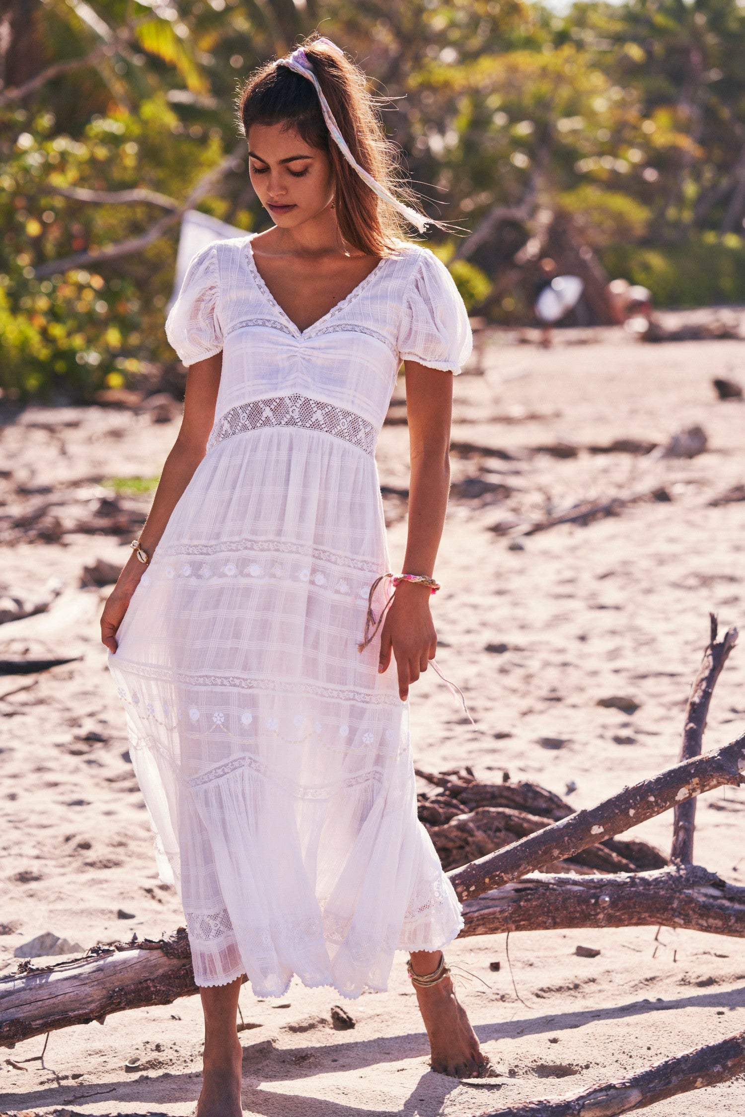 Women's white maxi dress with lace and embroidery detail