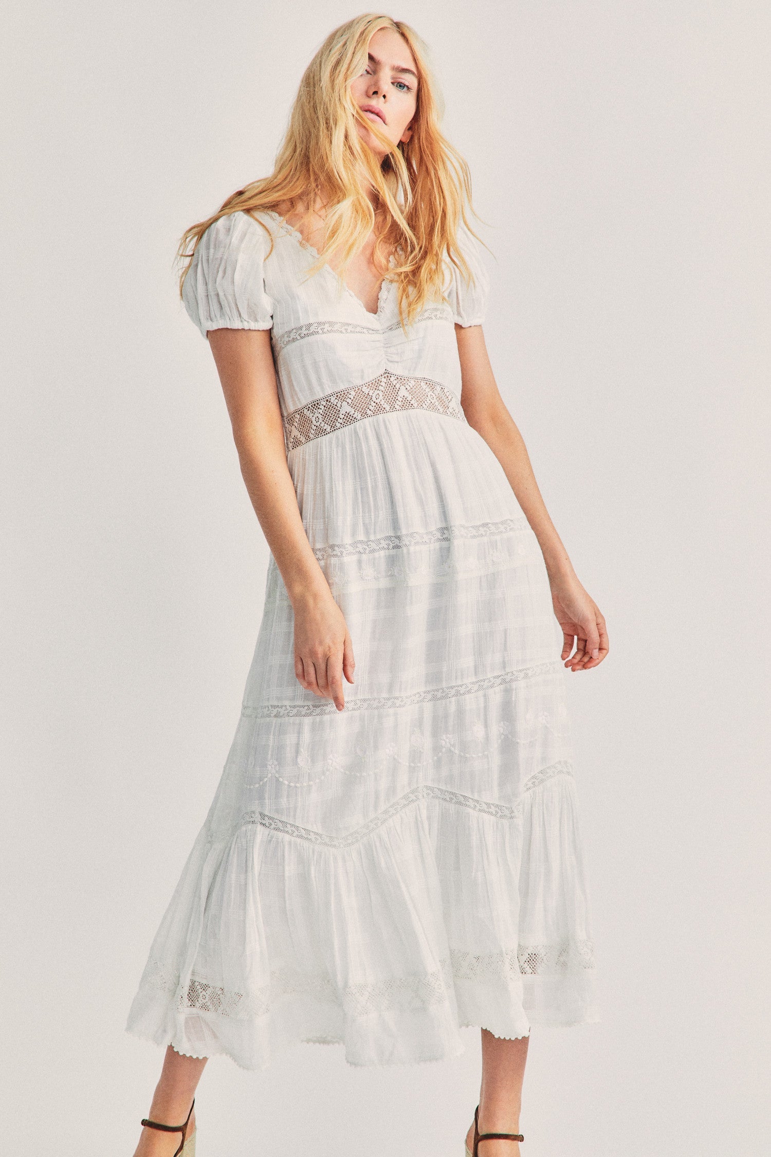 Women's white maxi dress with lace and embroidery detail