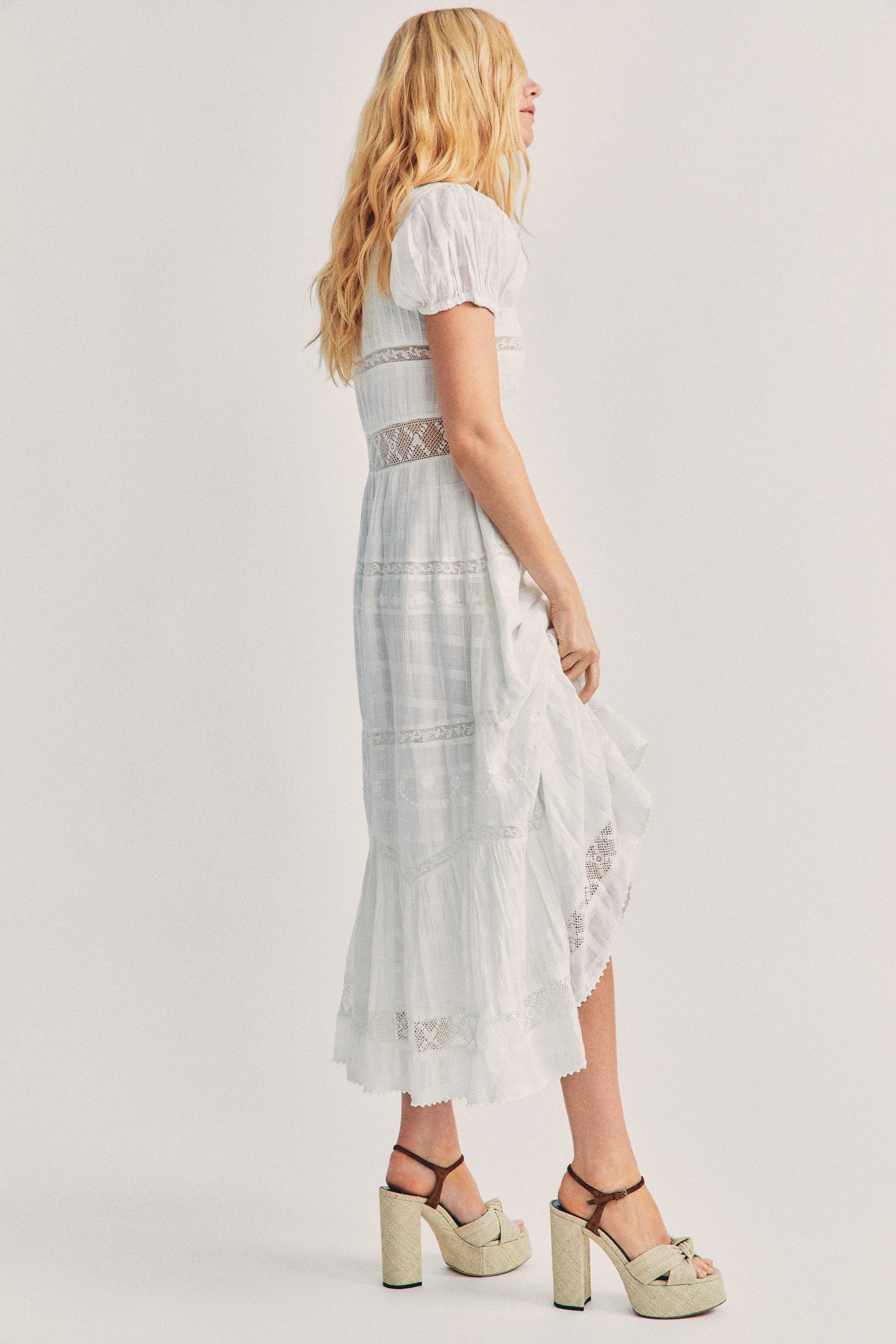 Women's white maxi dress with lace and embroidery detail