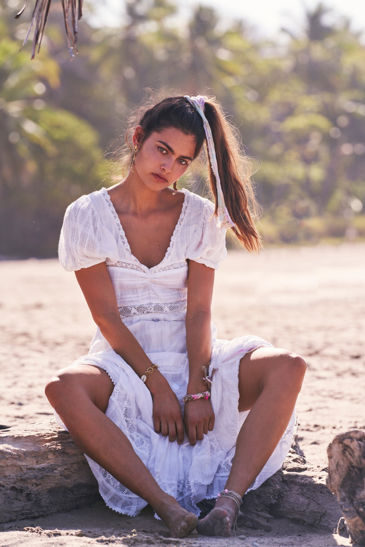 Women's white maxi dress with lace and embroidery detail