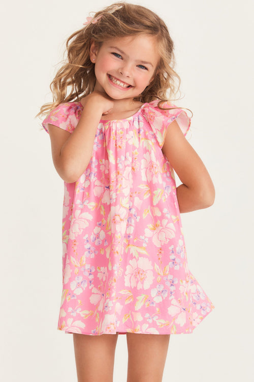 Girls pink printed floral dress with flutter sleeves