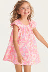 Girls pink printed floral dress with flutter sleeves