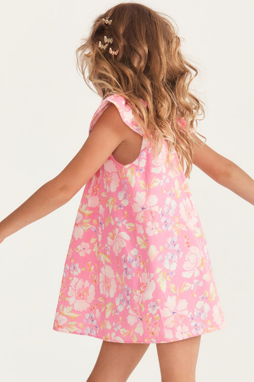 Girls pink printed floral dress with flutter sleeves