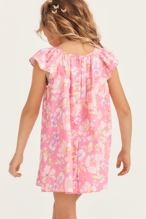 Girls pink printed floral dress with flutter sleeves