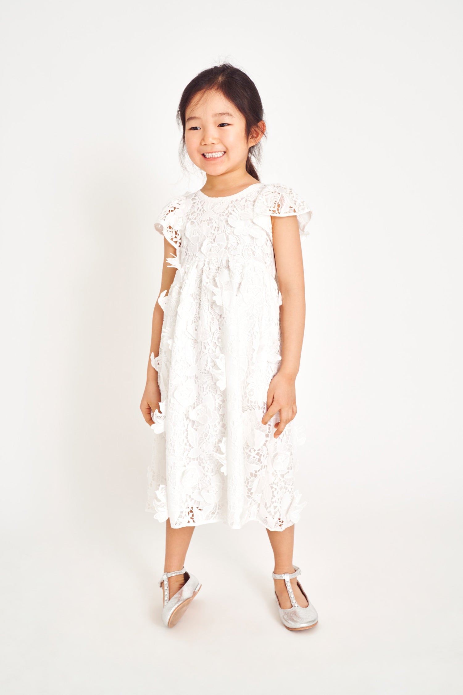 High neck, short flutter sleeve, sweeping skirt girls dress