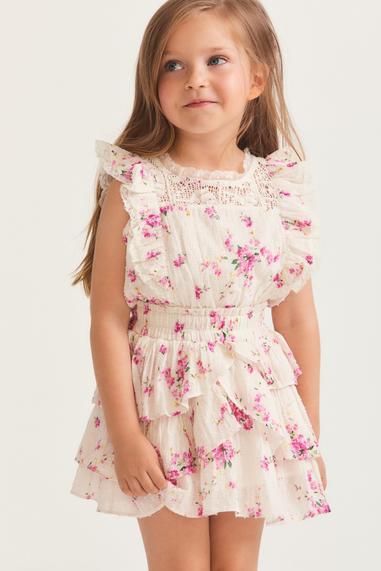 Girls magenta floral ruffle mini dress with flutter sleeve detail