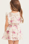 Girls magenta floral ruffle mini dress with flutter sleeve detail