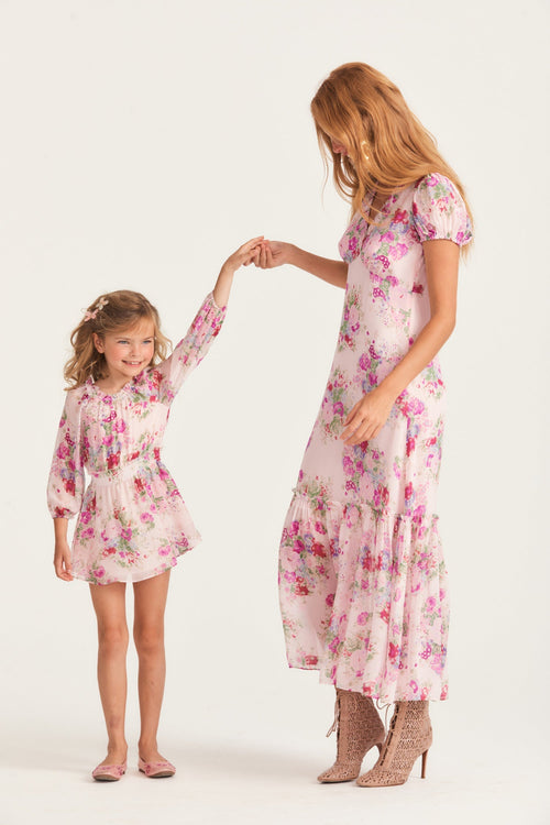 Girls mini floral dress with long sheer sleeves