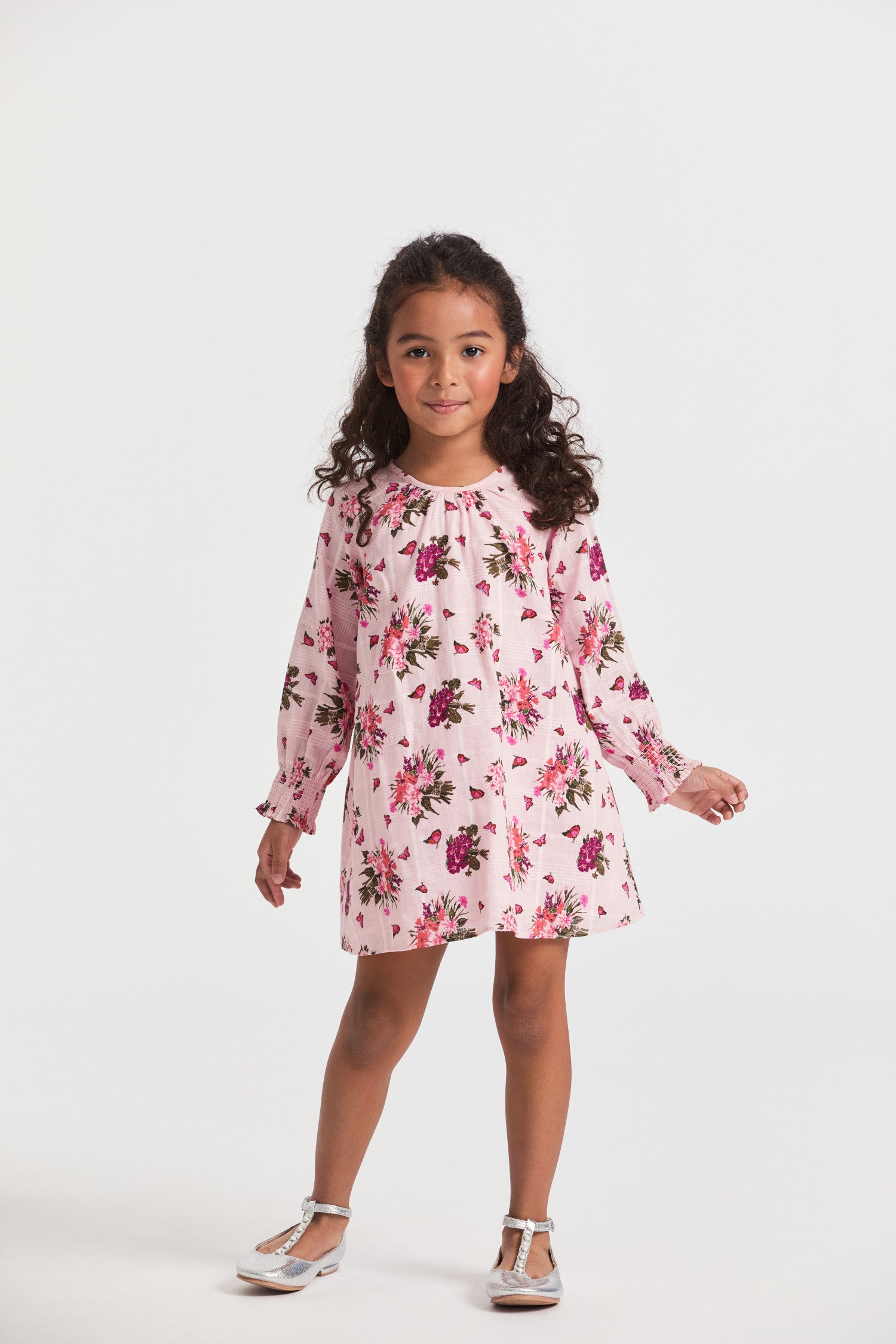 Girls floral pink print dress with long-sleeves.