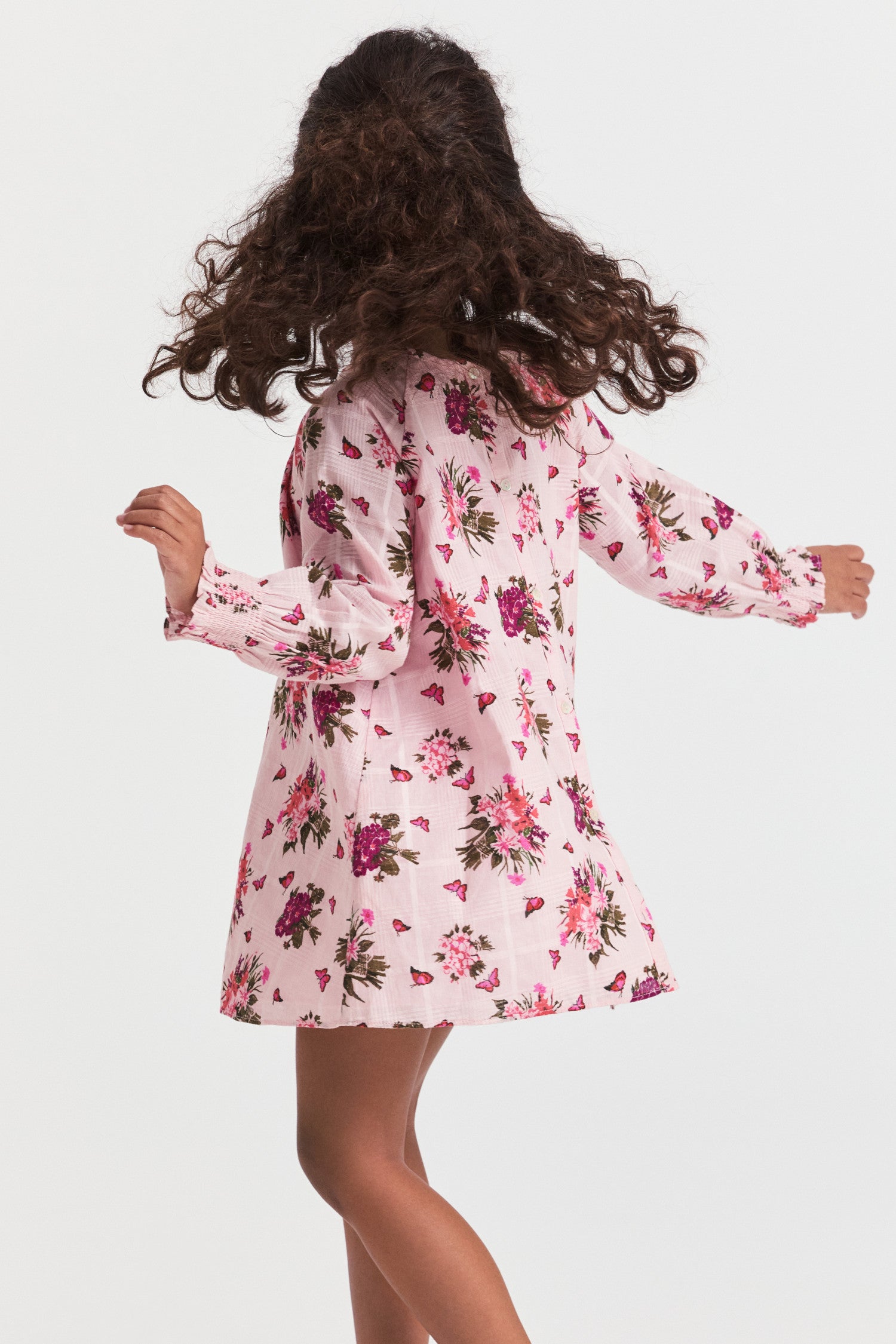 Girls floral pink print dress with long-sleeves.