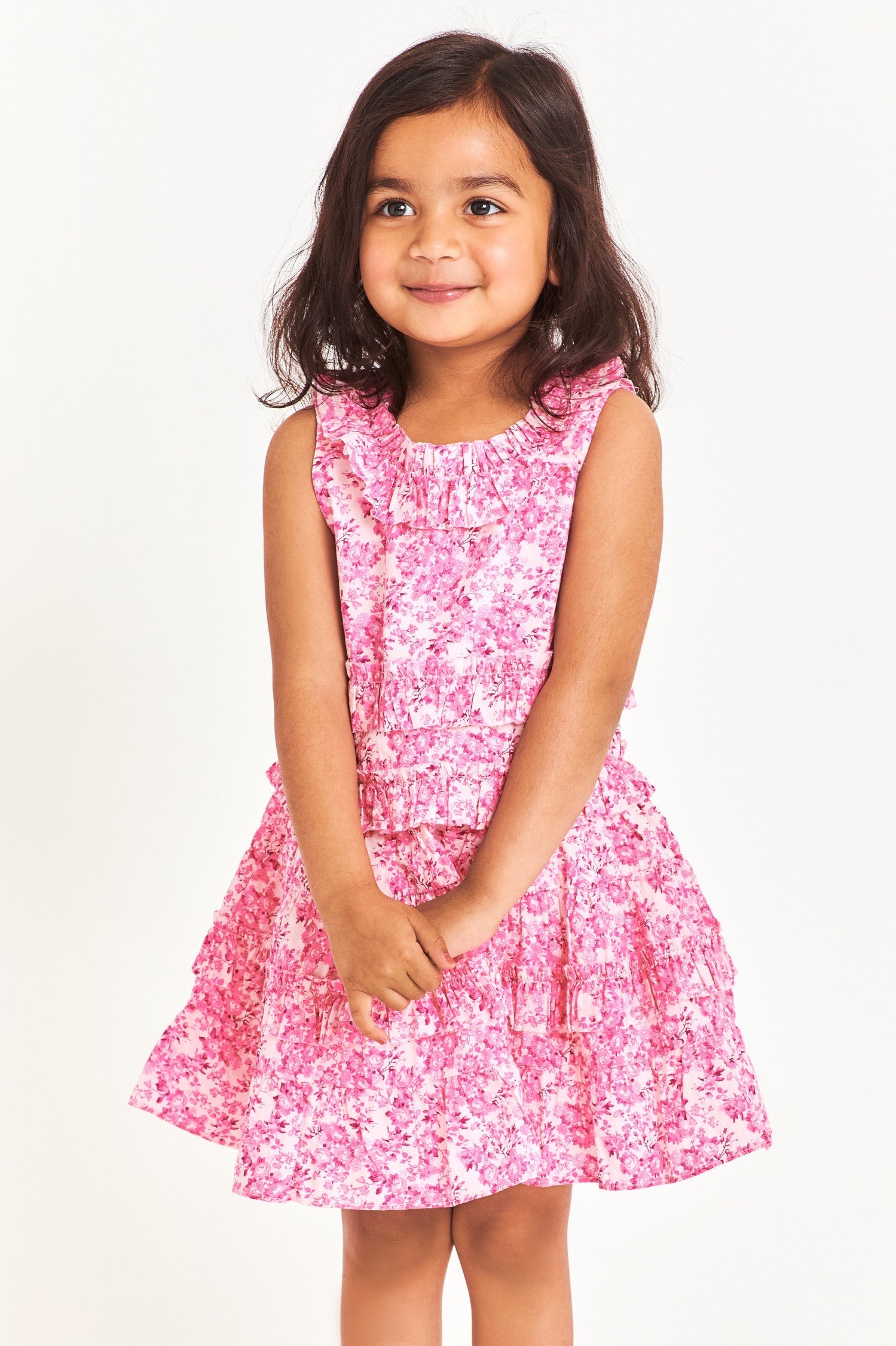 Pink floral kids top with ruffle details