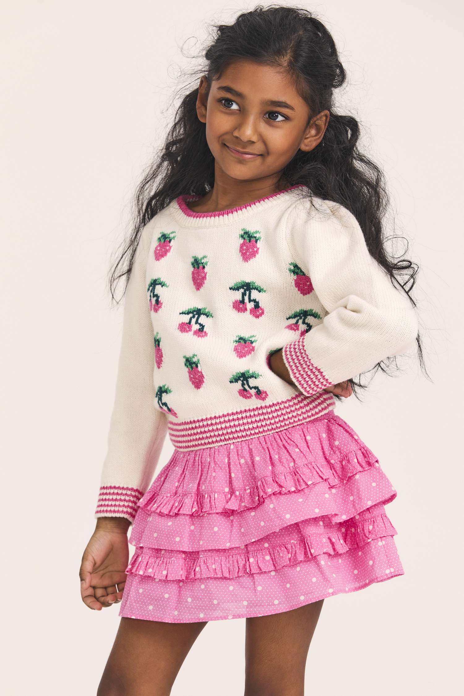 Girls hot pink cotton voile skirt with a scaled polkadot print and custom embroidered lace details