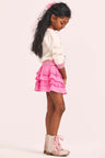 Girls hot pink cotton voile skirt with a scaled polkadot print and custom embroidered lace details