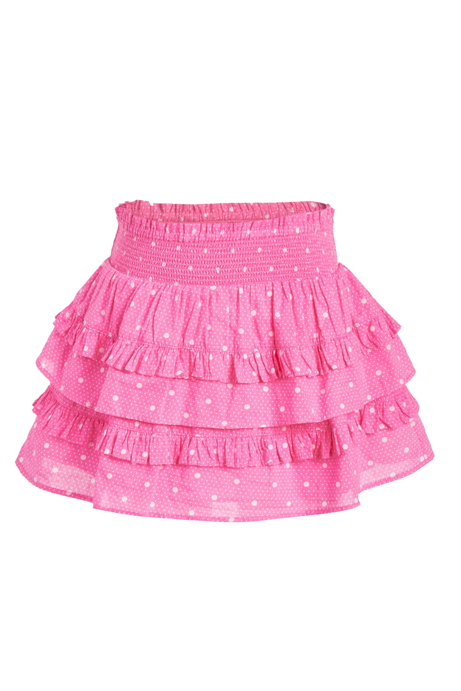 Girls hot pink cotton voile skirt with a scaled polkadot print and custom embroidered lace details