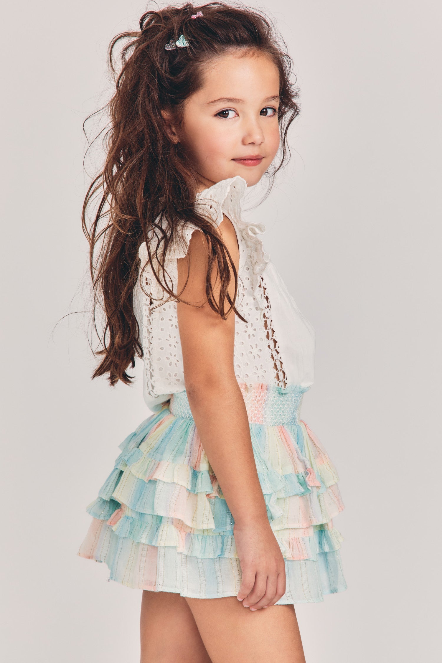 Girl's multi tiered ruffle skirt in pastel holiday print