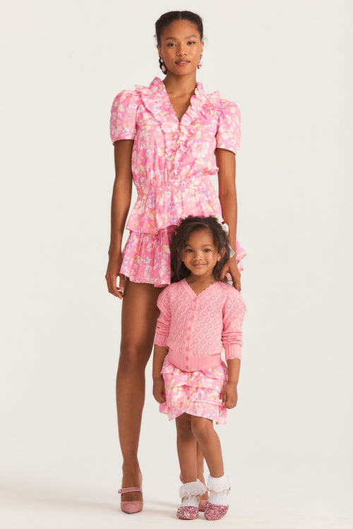 Girls multi ruffle pink floral mini skirt 