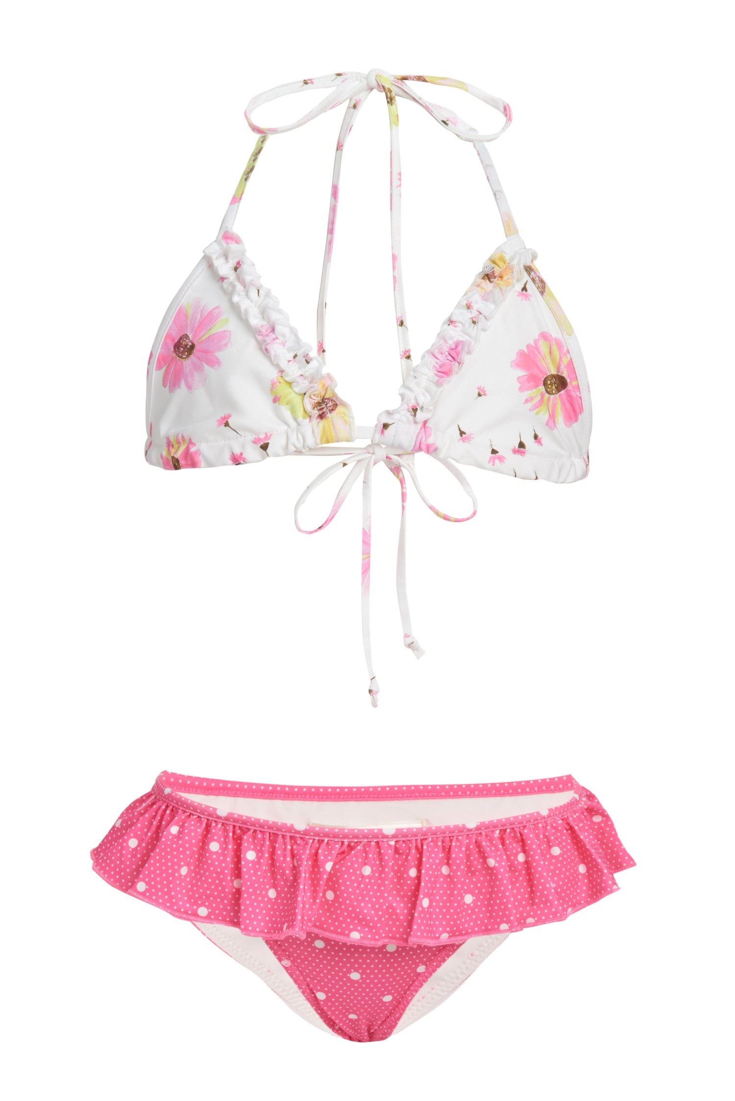 Little girls polka dot and floral print bikini set with ruffle details