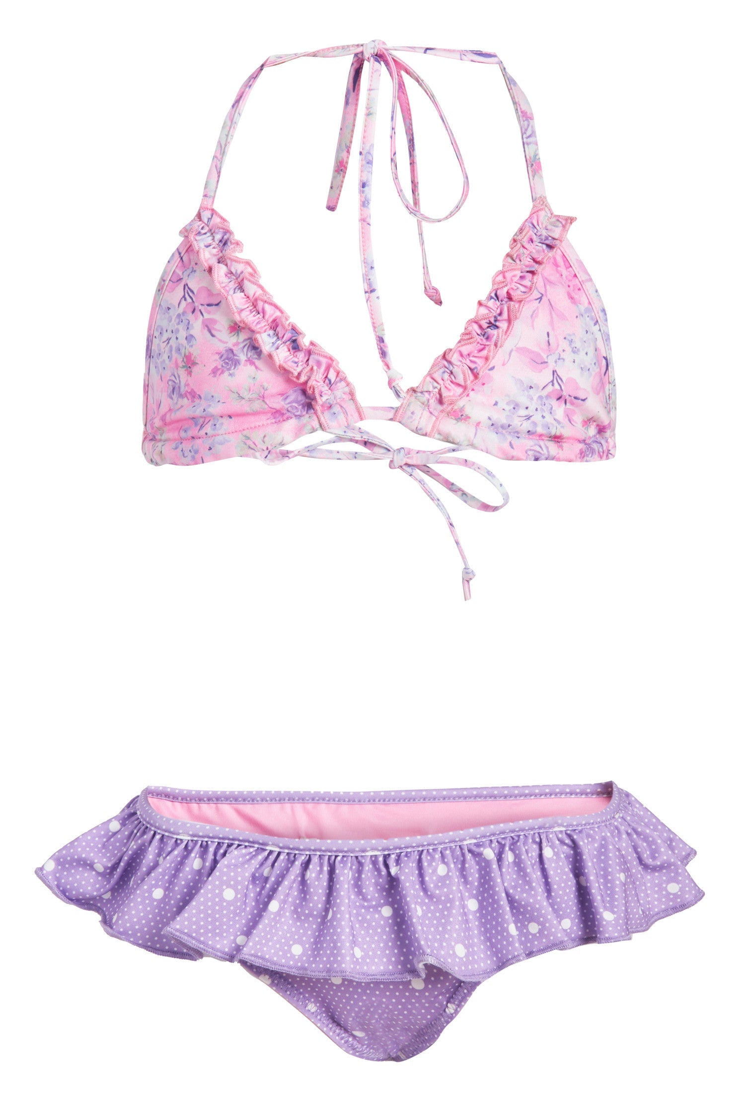 Little girls pink and purple bikini set with ruffle detailing in polka dot and floral prints