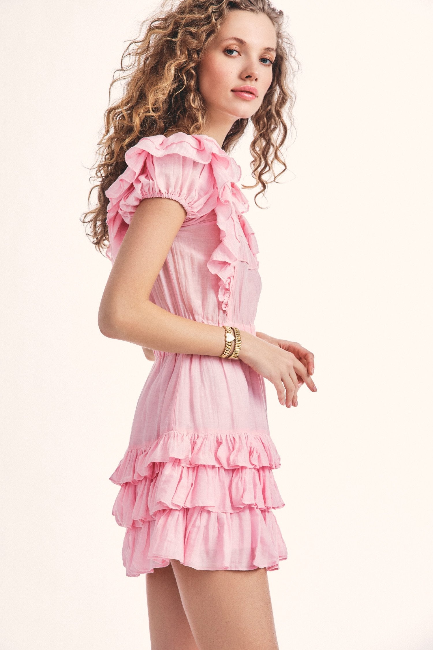 Women's pink mini dress with ruffle detail