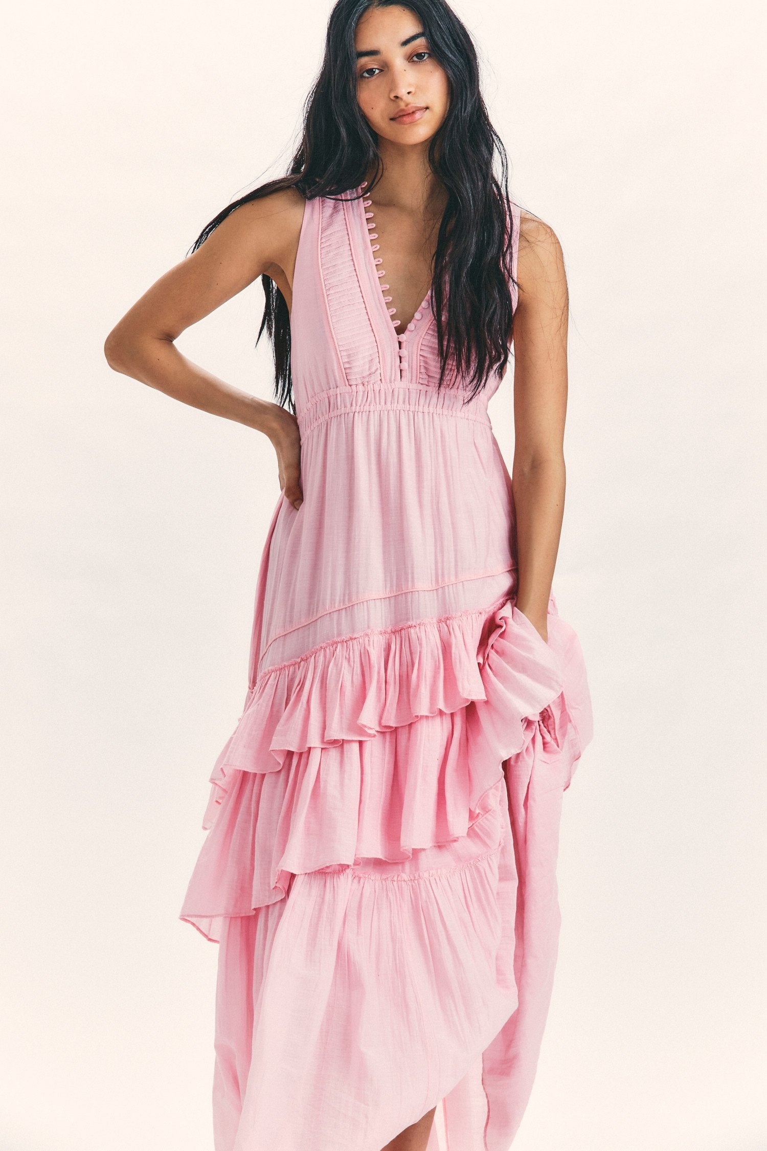 Women's pink maxi dress with double ruffle flounce