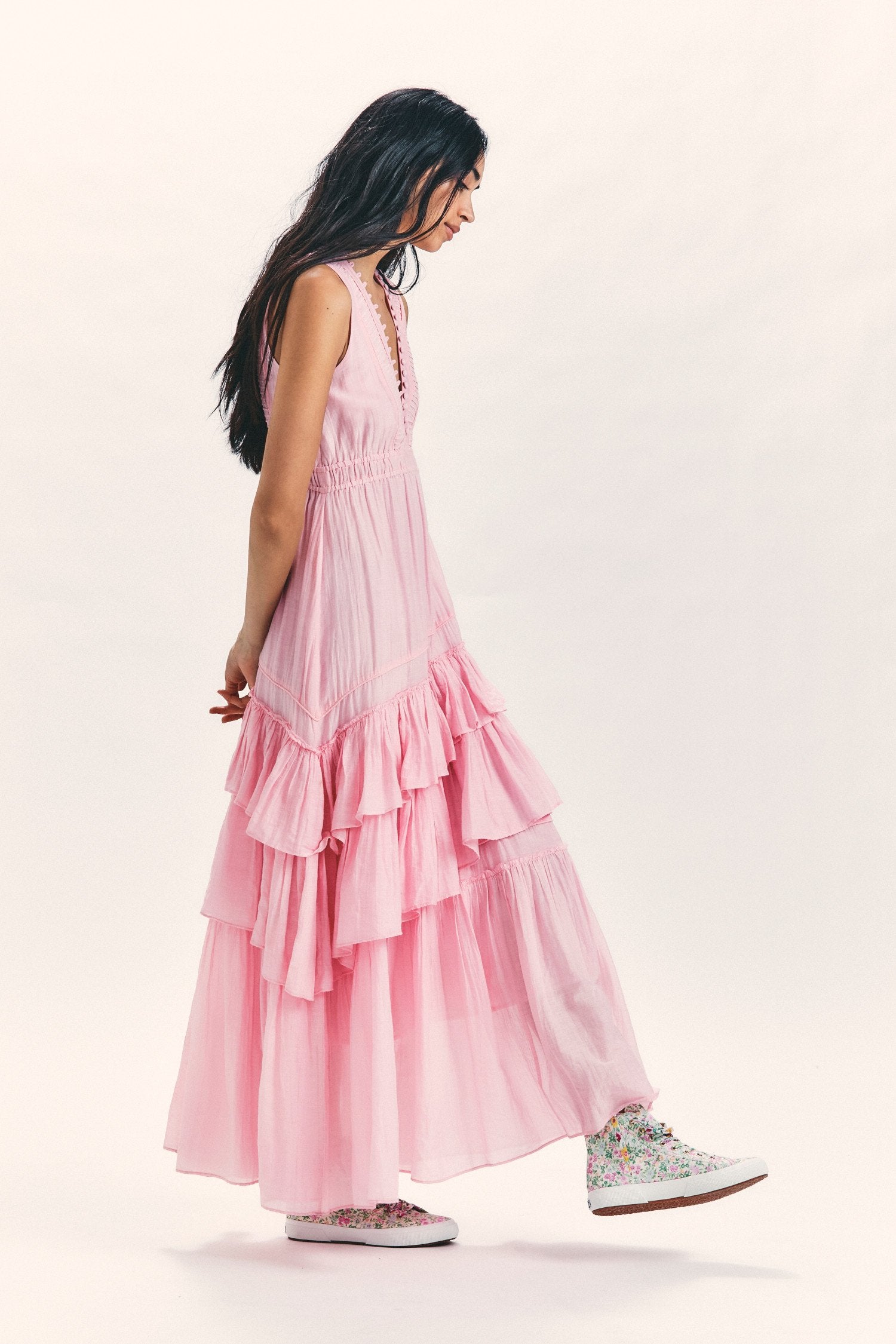 Women's pink maxi dress with double ruffle flounce